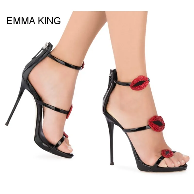 

EMMA KING Hot Fashion Mouth Crystal Decoration Sexy Women Sandals Ankle Strap Round Toe Thin High Heels Back Zipper Ladies Shoes
