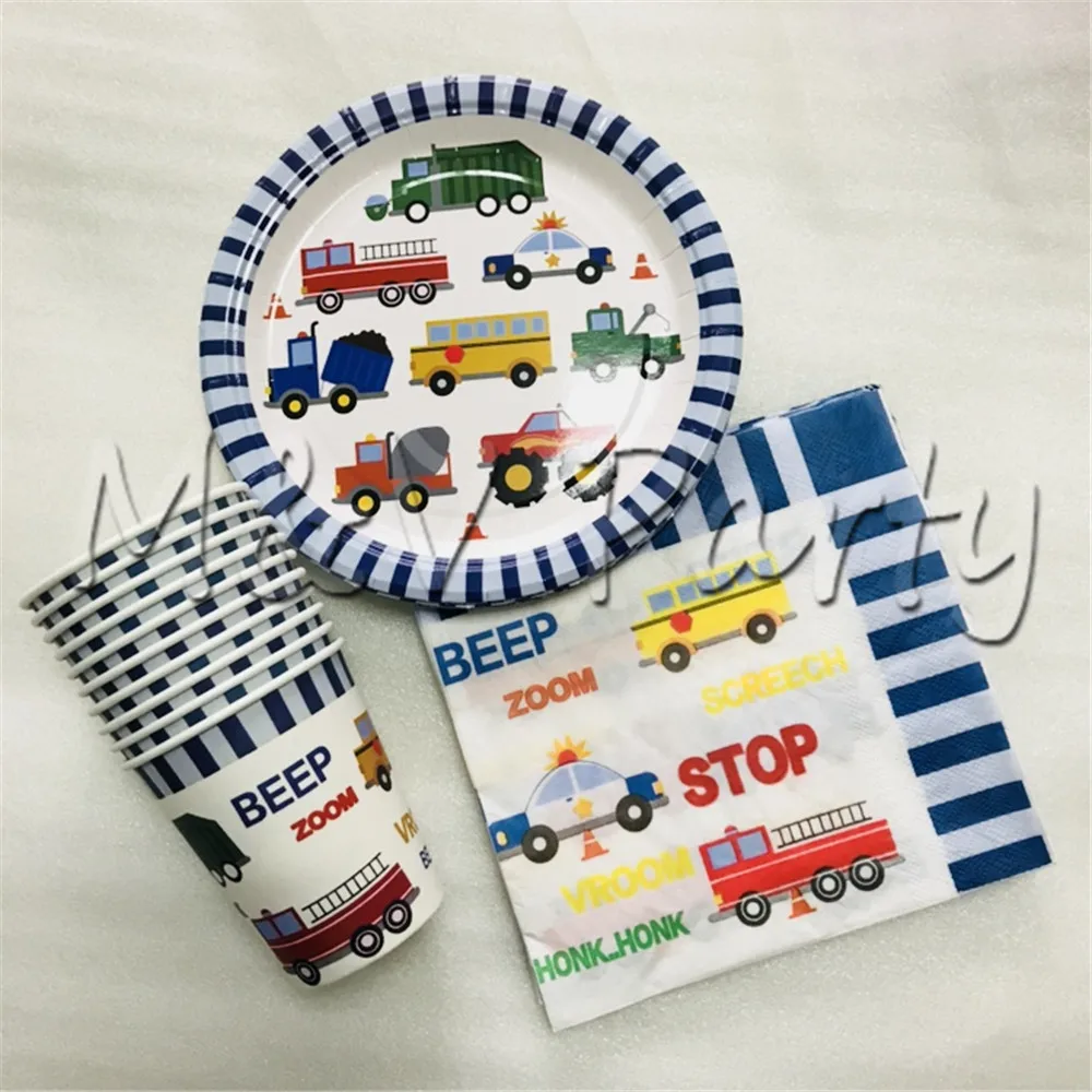 

Creative Blue Cartoon Cars Theme Party Disposable Party Tableware Set Plate Cup Napinks Baby Shower Party Supplies Decorations