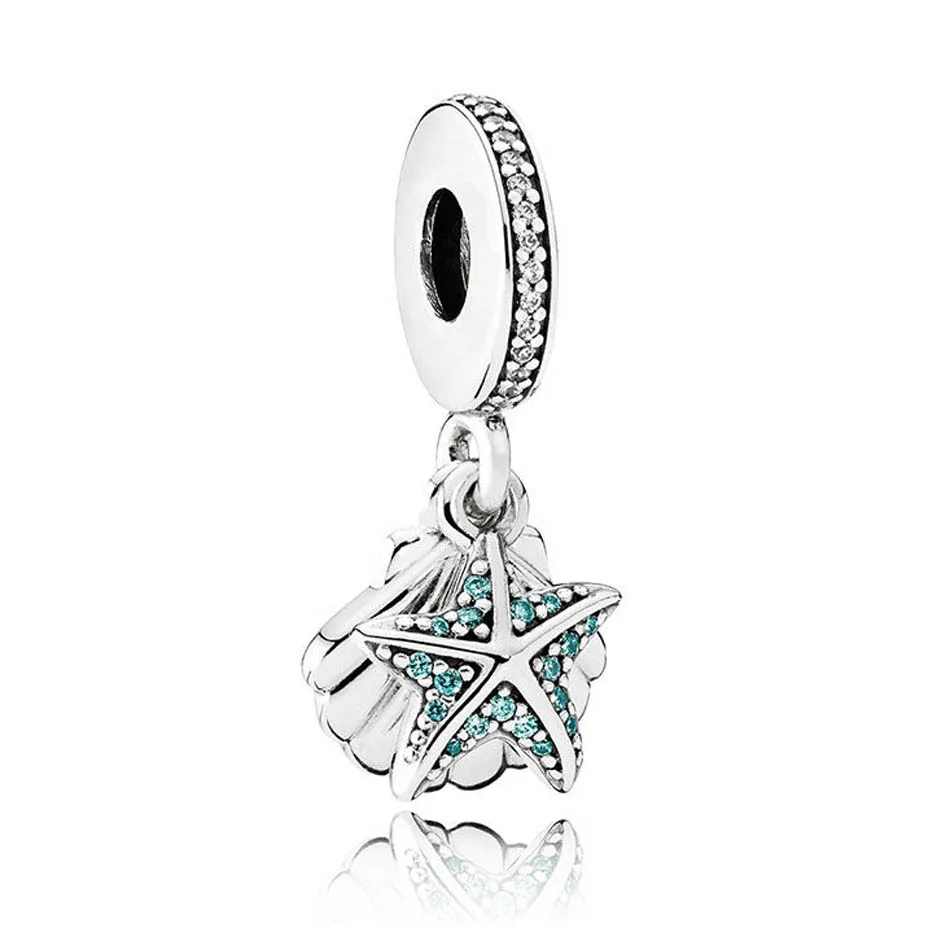 

Authentic S925 Sterling Silver Tropical Starfish & Sea Shell Dangle Pendant fit Lady Necklaces Lady Gift