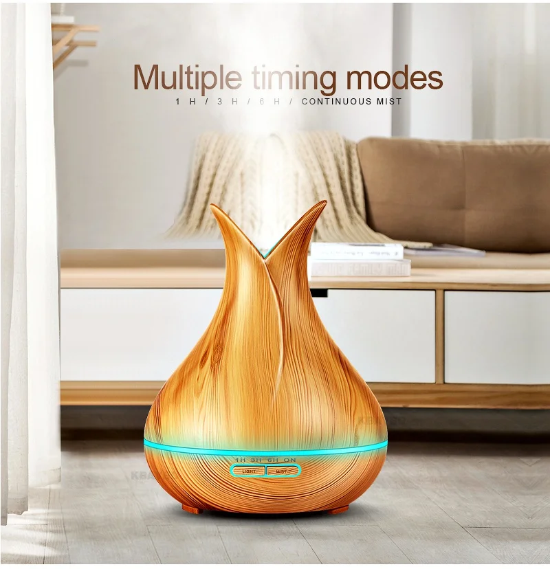 KBAYBO New 400ml Wood Grain Ultrasonic Air Humidifier Electric Aroma Essential Oil Diffuser with 7 Color Changing LED Lights