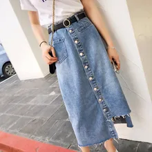 Летние Для женщин Мода Высокая Талия Джинсовые юбки Асимметричный однобортный джинсы юбка плюс Размеры пикантные длинные mujer юбки faldas