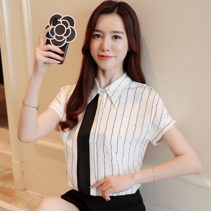 2018 Baru Musim Panas Fashion Wanita Kemeja Lengan Pendek Bergaris Sifon Vertikal Blus Kemeja 2011 Blus Dan Kemeja Aliexpress