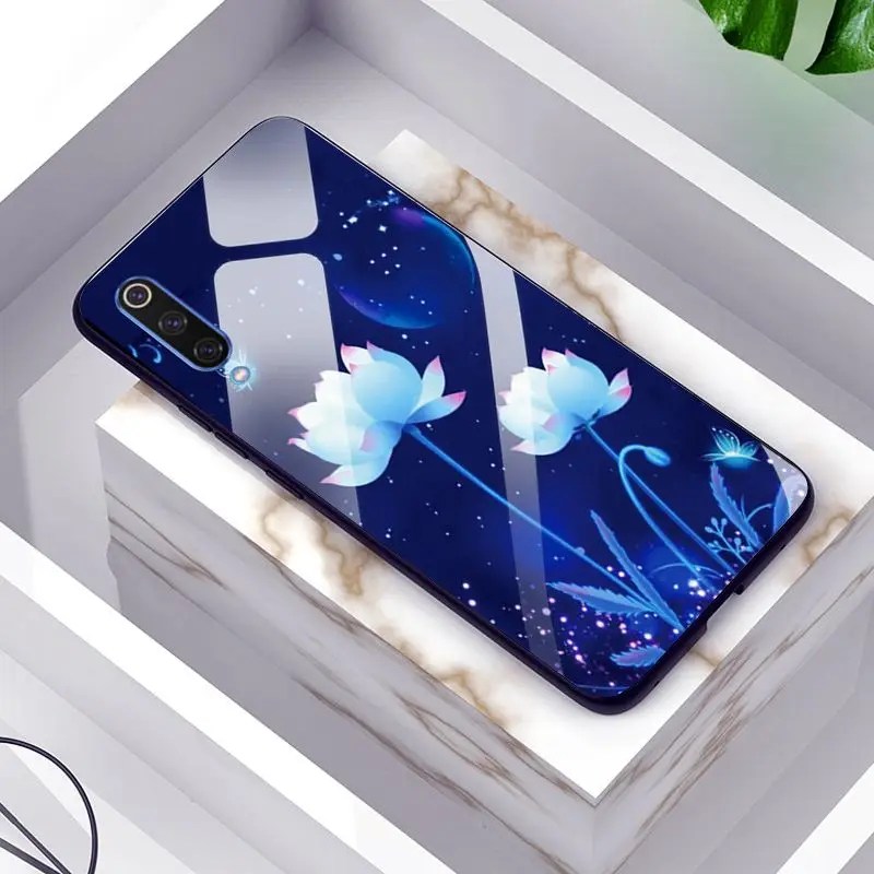 Чехол из закаленного стекла для Xiaomi mi 9, чехол с принтом лотоса для Xiaomi mi 9, силиконовый чехол-бампер для Xiaomi mi 9, чехлы - Цвет: GLSZZZ121