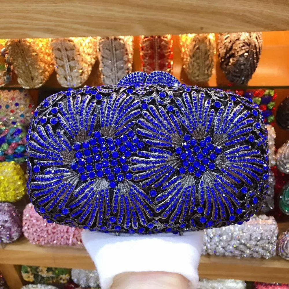 

XIYUAN Dazzling gold Crystal Women Evening Metal blue Clutches Bag Hardcase Wedding Party Flower Bridal Handbag Clutch Purse