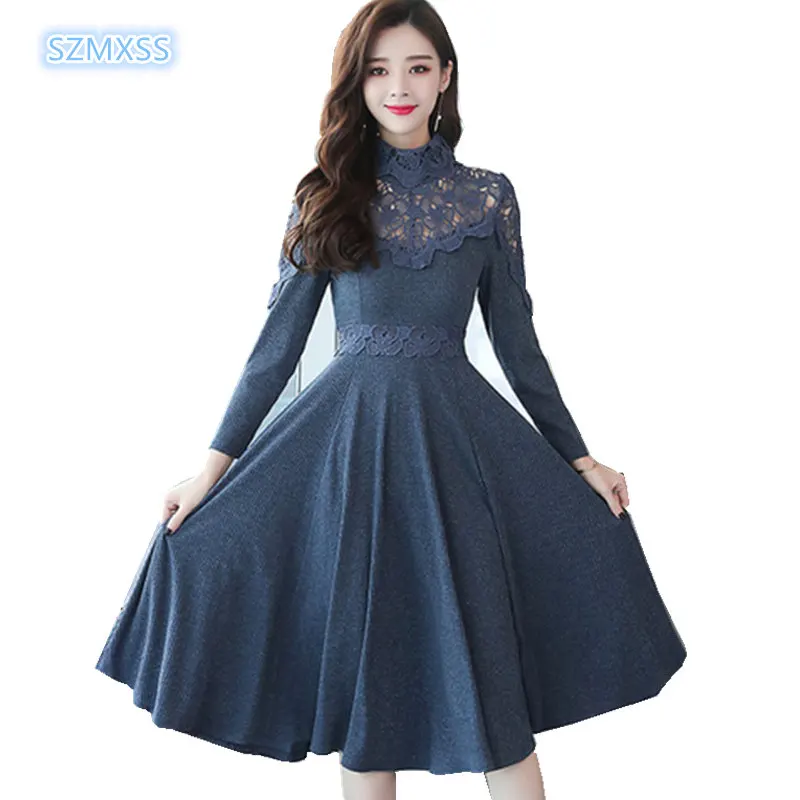 

Autumn Winter Vintage Lace Stitching Midi Dresses Turtleneck Women Elegant Bodycon Hollow Out Dress Party Long Sleeve Big Hem