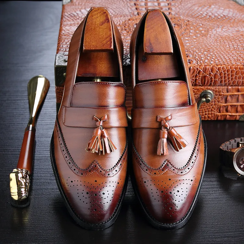 Merkmak/большие размеры 37-48; мужские кожаные лоферы; Брендовая обувь; классические броги с кисточками; Мужская обувь в деловом стиле; Повседневная обувь bullock