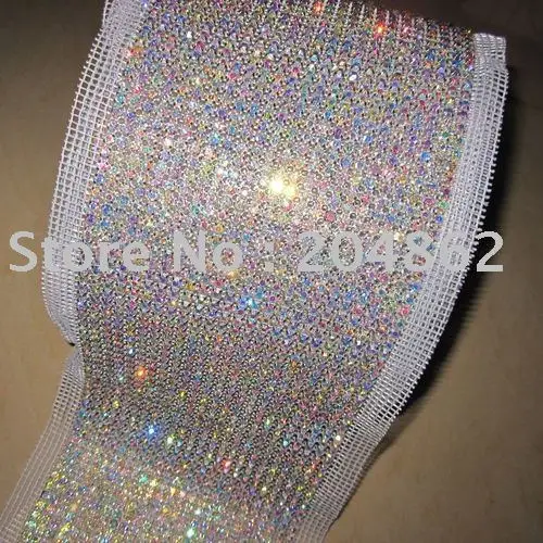 

10yards 24 Row SS19 Rhinestone mesh trimming with AB Crystal White Mesh in Sliver Gold setting for DIY Garment Wedding dress