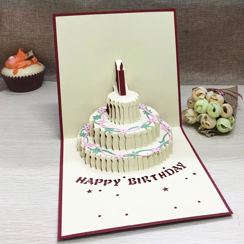 1 шт. пример с днем рождения Почтовые открытки поздравительные подарочные карты Крафт-Киригами 3D ручной работы всплывающие лазерная резка Винтаж торт с конверт