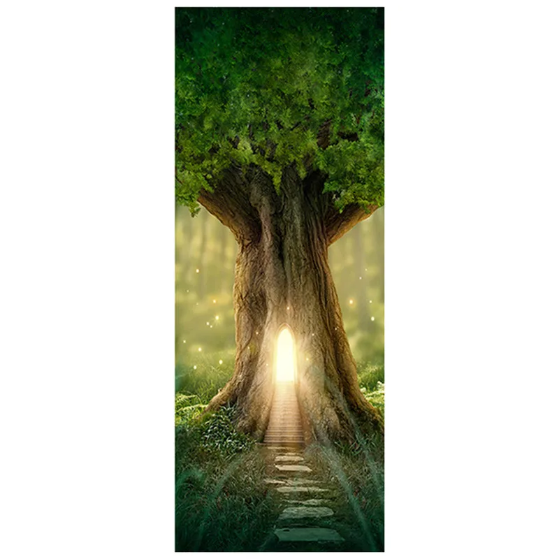 

77*200cm 3d door stickers in forest the fantasy Tree House landscape wall art mural home decoration waterproof vinyl wallpaper