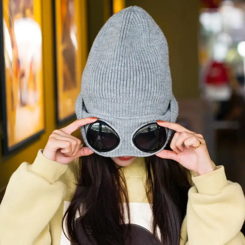 

Women Caps Windproof Glasses Hat Wool Winter Fashion Gorros Cap Fixing Stacking Knitted Hats Women Personality Ski Cap