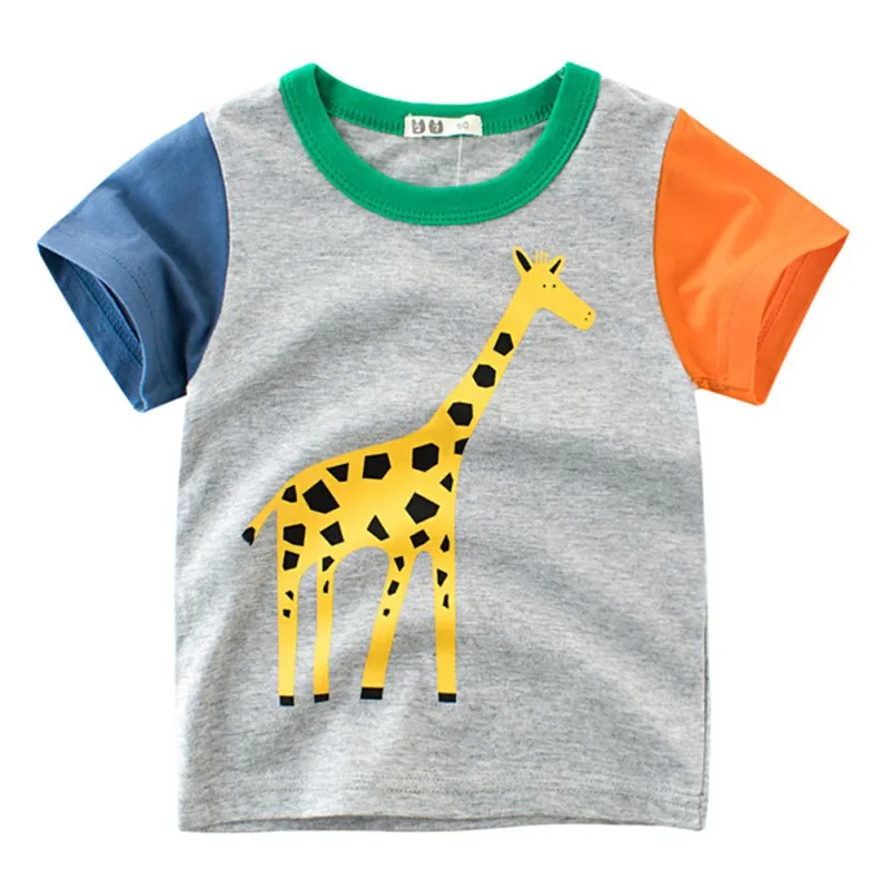 Летняя детская футболка для мальчиков футболки с короткими рукавами и принтом животных модные повседневные топы для детей с изображением слона, Льва, жирафа - Цвет: H