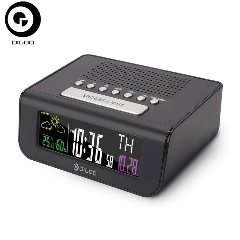 Digoo DG-FR100 FR100 Smart Декодер каналов кабельного телевидения дома Беспроводной цифровые часы-будильник прогноз погоды сенсорные часы с fm-радио, часы