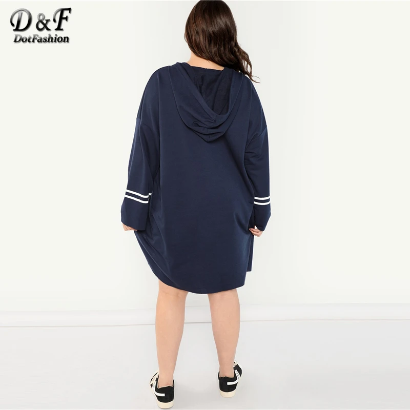  Dotfashion Plus Size Navy Letter And Striped Longline Sweatshirt Women Casual Spring Autumn Hooded 