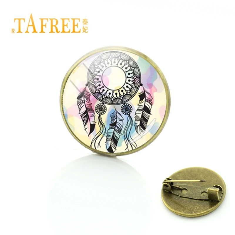 

TAFREE Trendy Dream Catcher Feather Colorful Picture Brooch Glass Cabochon Dome Pin Women Fashion Jewelry ZY169