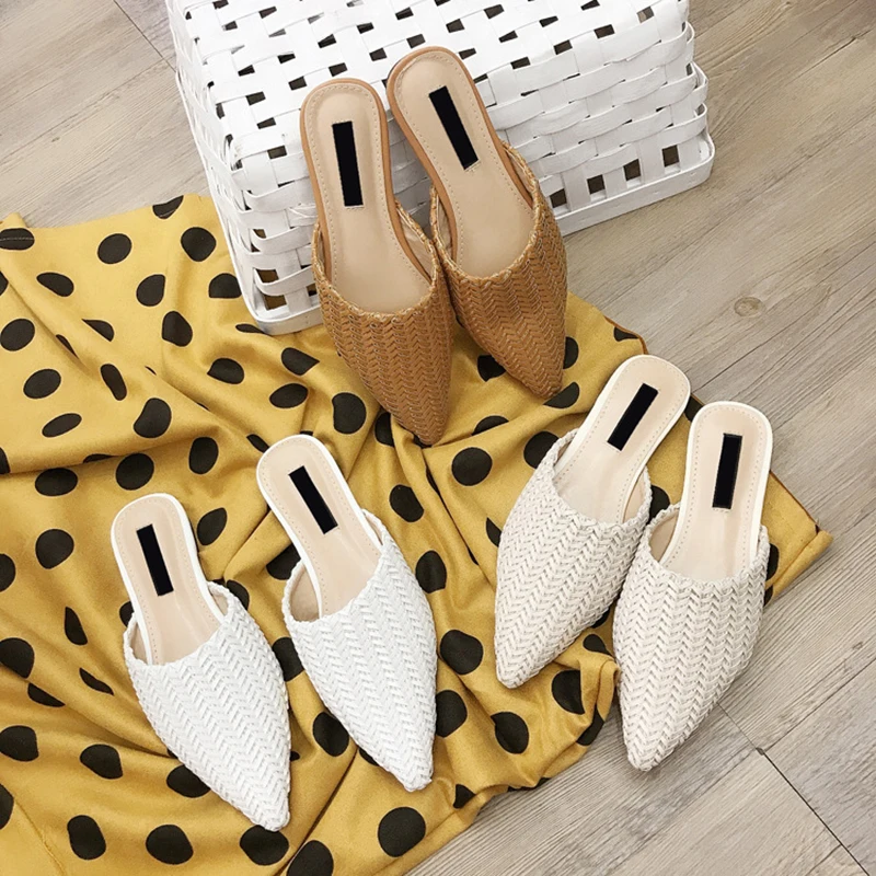 

pointy close toe weaving slippers summer woman shoes comfy soft sole mules ladies slides solid shallow flats outside flip flops