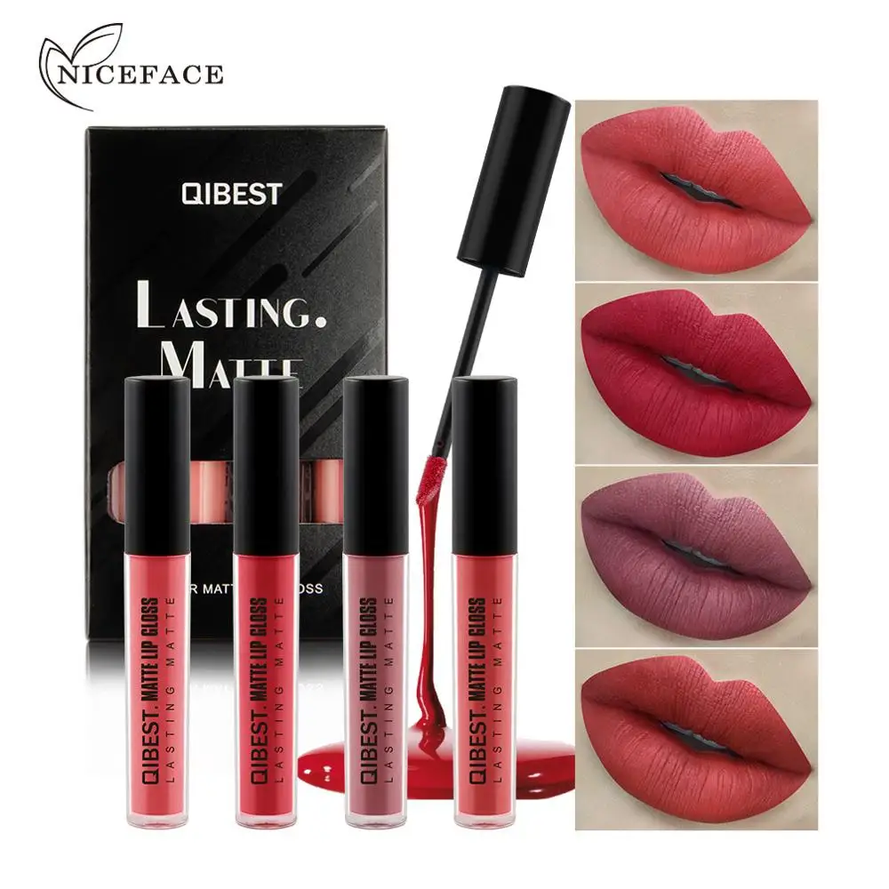 

Qibest 4PCS Liquid Lipstick Set Long-Lasting Matte Lip Stick Make Up Waterproof Velvet Batom Nude Sexy Lip Gloss Cosmetics Kit