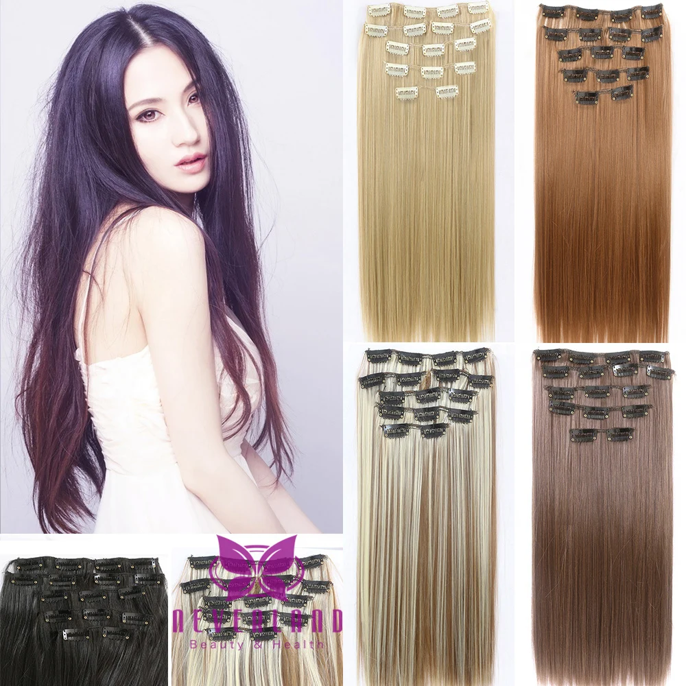 Fashion 7pcs/set Clip In Synthetic Hair Extension 24inch Long Straight