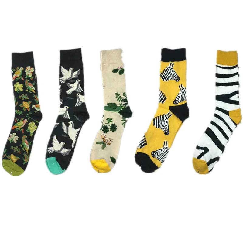5 пара/лот, женские хлопковые носки, забавные персональные носки с рисунками цветов и птиц, новинка, Толстовка Оверсайз на замке, 39c