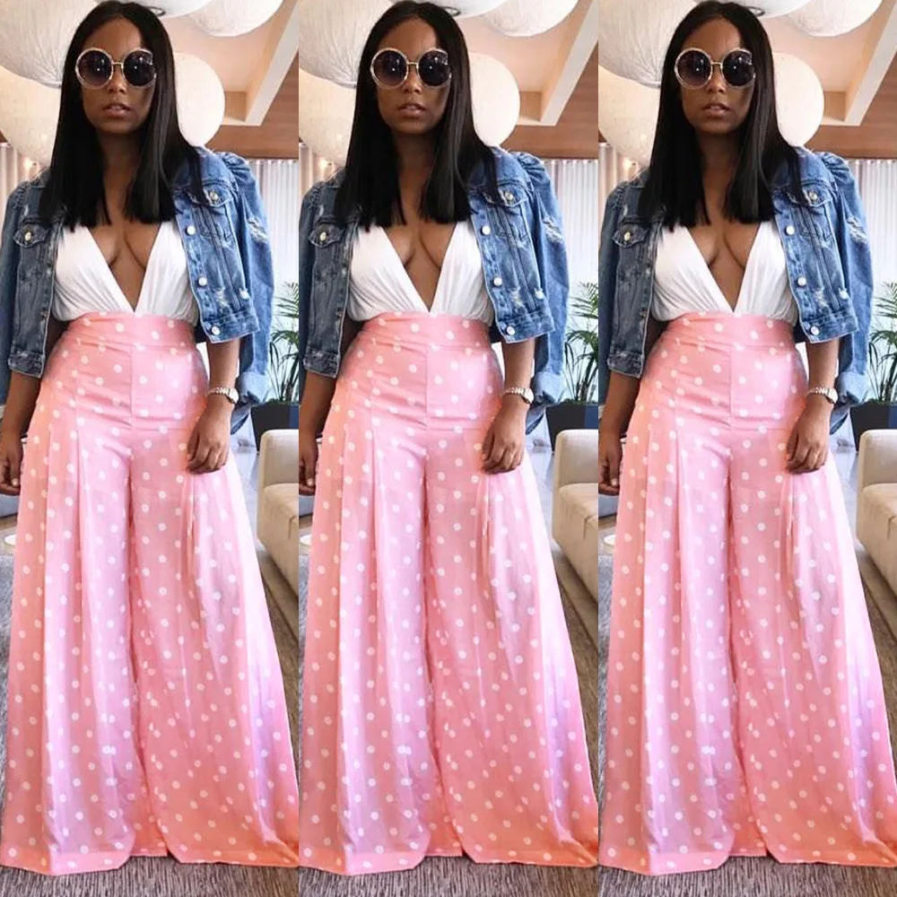 

2019 Summer Wide Leg Pink Polka Dot Elastic Pants Casual High Waist Boho Trousers Women Full Length Pants Loose Bottom Pantalone