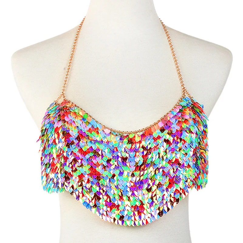 

Sexy Chain Mermaids Tops Women Summer Multi Color Sequins Halter shirt Women cropped Sparkly Luxury Nightclub Party Cami top