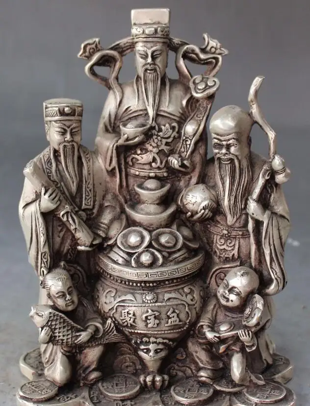 

6710630++6" Chinese Silver Folk Wealth Treasure bowl Two Boy Girl Fu Lu Shou Statue Set