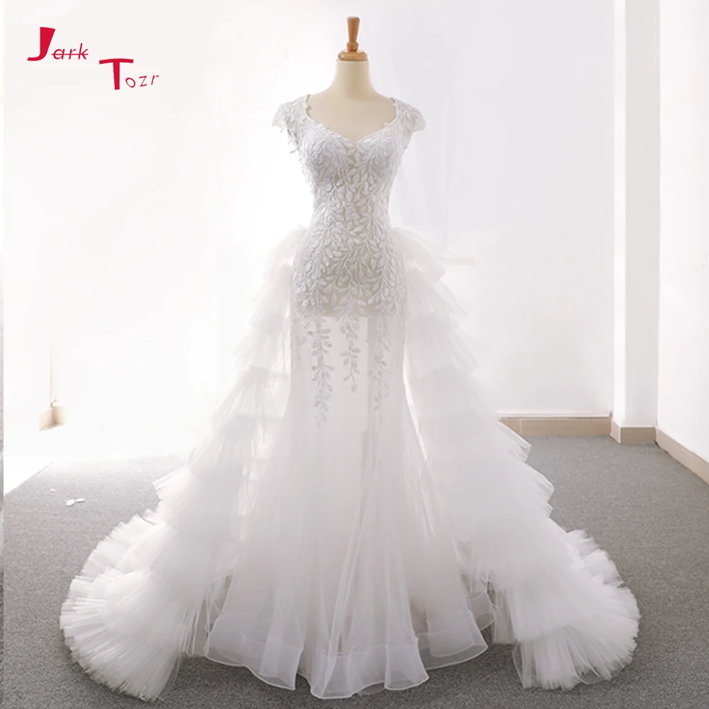 

Jark Tozr Vestido De Noiva Sereia 2019 Cap Sleeve Open Back Sexy See Through Perspective Lace Mermaid Wedding Dresses Turkey
