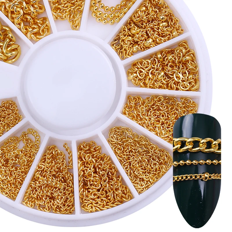 

3D Metal Nail Art Decoration Gold Metal Chain Beads Line Multi-size Snake Bone DIY Manicure Nail Art Decoration in Wheel