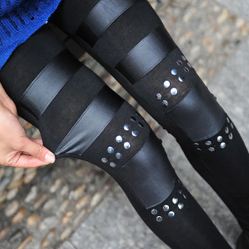 Панк ткань и Поддельные кожаные леггинсы женские сексуальные черные лоскутные брюки Стрейчевые брюки в готическом стиле женские сексуальные Rivit леггинсы узкие Капри - Цвет: 1