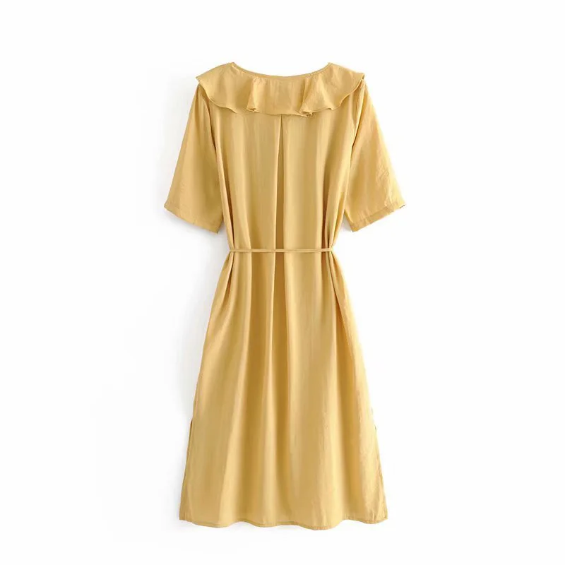 Ruffle V-Neck Dress Women's Casual Solid Button Slim Mid-Calf Summer Short Sleeve Dress Fashion Beach Split Dresses with Bow