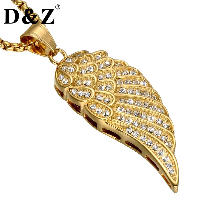 D&Z Iced Out Angel Wings Pendants Necklaces Gold Color Bling Rhinestone