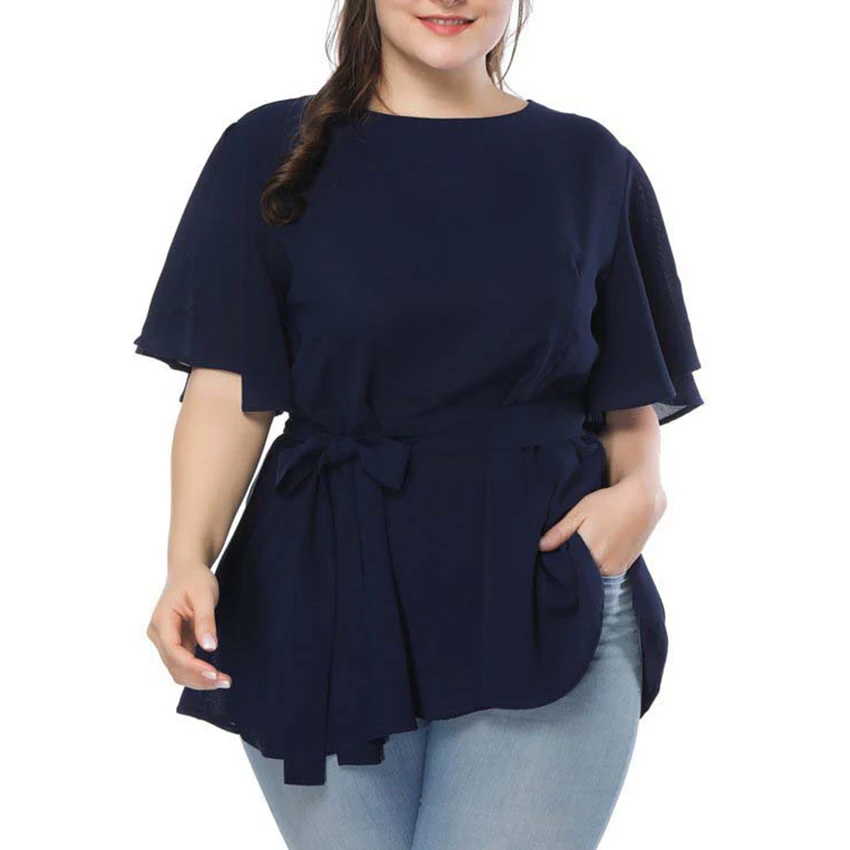 

Plus Size Solid Color Split Sleeve Women Dress O-Collar Tunic Big Size Women Casual Summer Top Blouses Ruffle Hem Ladies Clothes