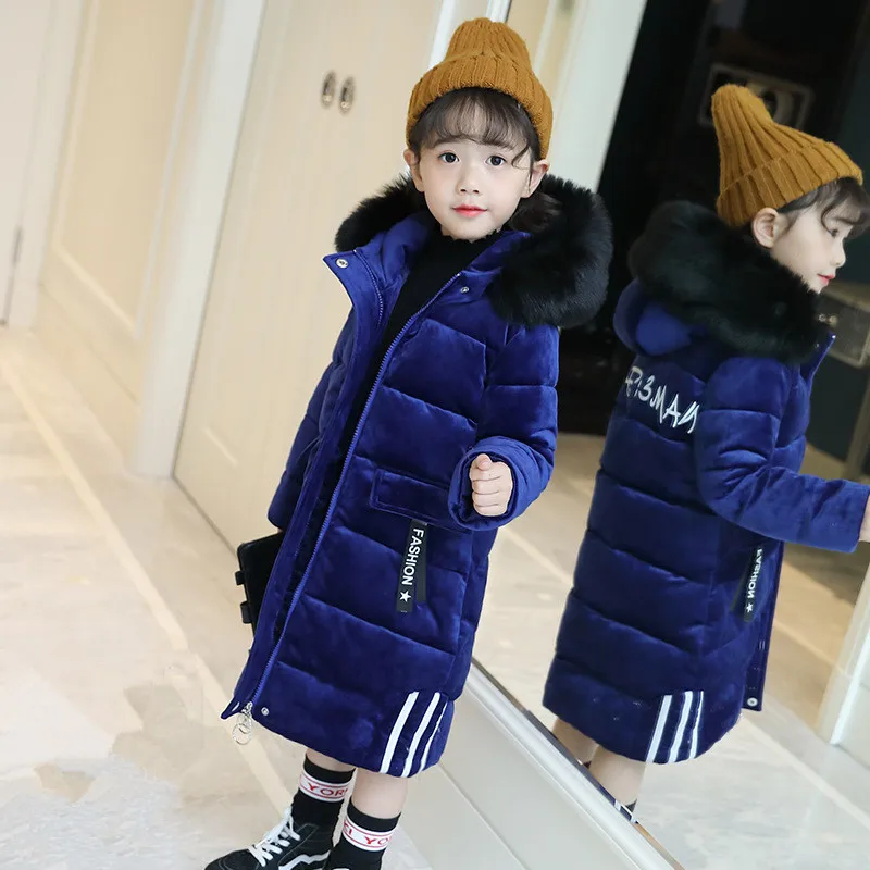 Детская зимняя парка для девочек возрастом от 3 до 13 лет, пальто, куртка модная Плотная хлопковая стеганая верхняя одежда с высоким меховым воротником цвет синий/черный - Цвет: dark blue