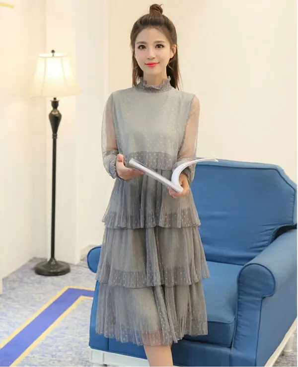 Popular New Fashion Korean Vintage Multilayer Pleated Mesh Dress High Waist Ruffles Long Sleeve Casual Midi Dress Women Dress 13