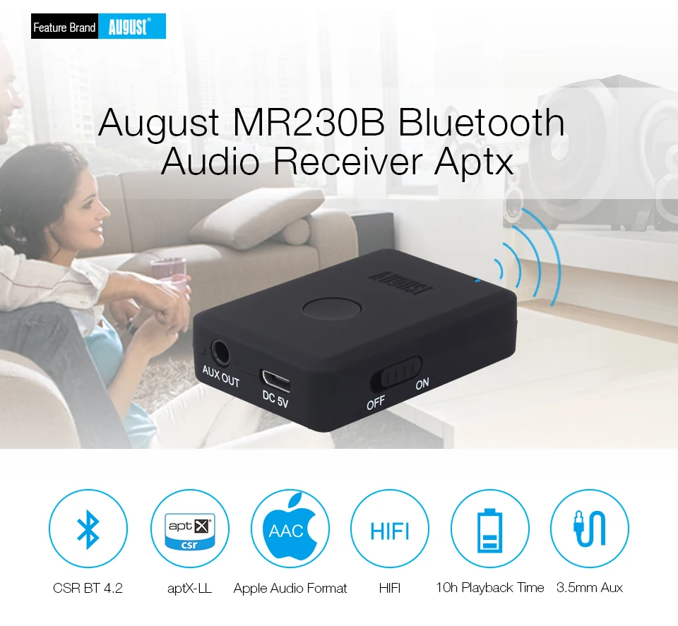 August aptX низкая задержка беспроводной Bluetooth 4,2 аудио приемник Aux 3,5 мм Aux Bluetooth аудио приемник адаптер для автомобиля, колонки