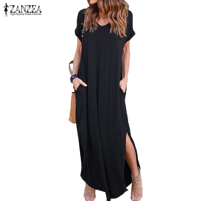 2018 ZANZEA Summer Women Short Sleeve V Neck Casual Slit Hem Solid Party Beach Maxi Long Dress Brief Black Vestido Plus Size