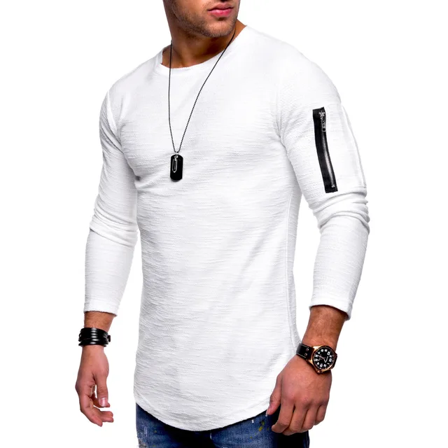 Arm Zipper T Shirt Men White T Shirt Autumn 2018 Fashion Casual Slim