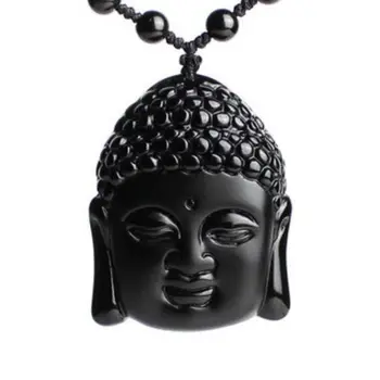 

Elaborate Chinese collection Obsidian Buddha head amulet auspicious necklace pendant