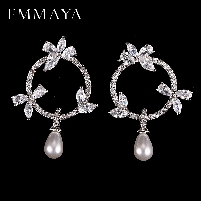 

EMMAYA 2017 New High Quality Simulated Pearl With Tiny AAA CZ Cubic Zirconia Flower Earrings Christmas Gift Jewelry
