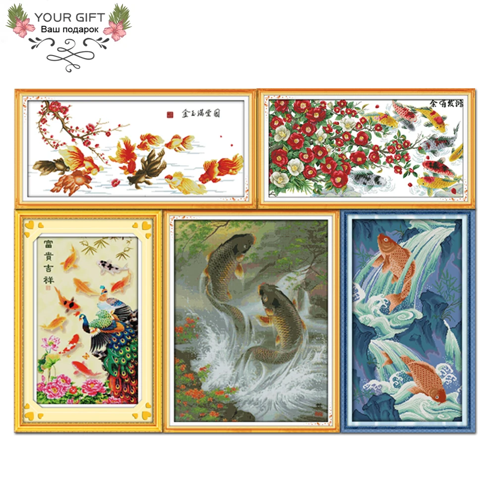 

Joy Sunday Gold Jade Flowers Wealth Good Fortune Big Splash Fish Leaping Over Dragon Gate D303D312D313D346D494(2) Cross Stitch