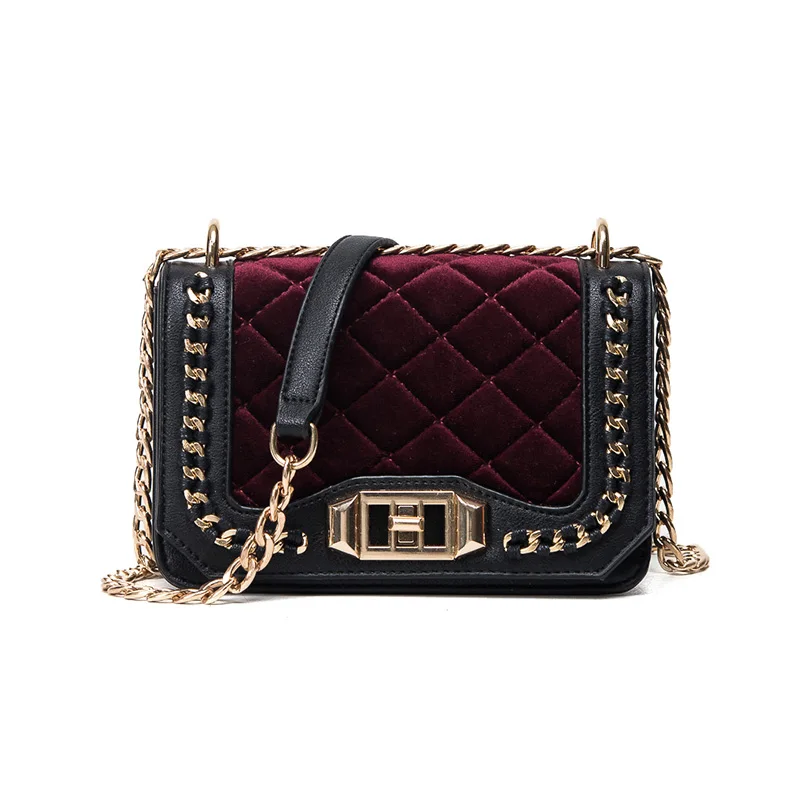 

Vintage Velvet Diamond Lattice Chain Shoulder Bag Simple Suede Patchwork Cover Lock Handbags Elegant Women Messenger Bags BG41