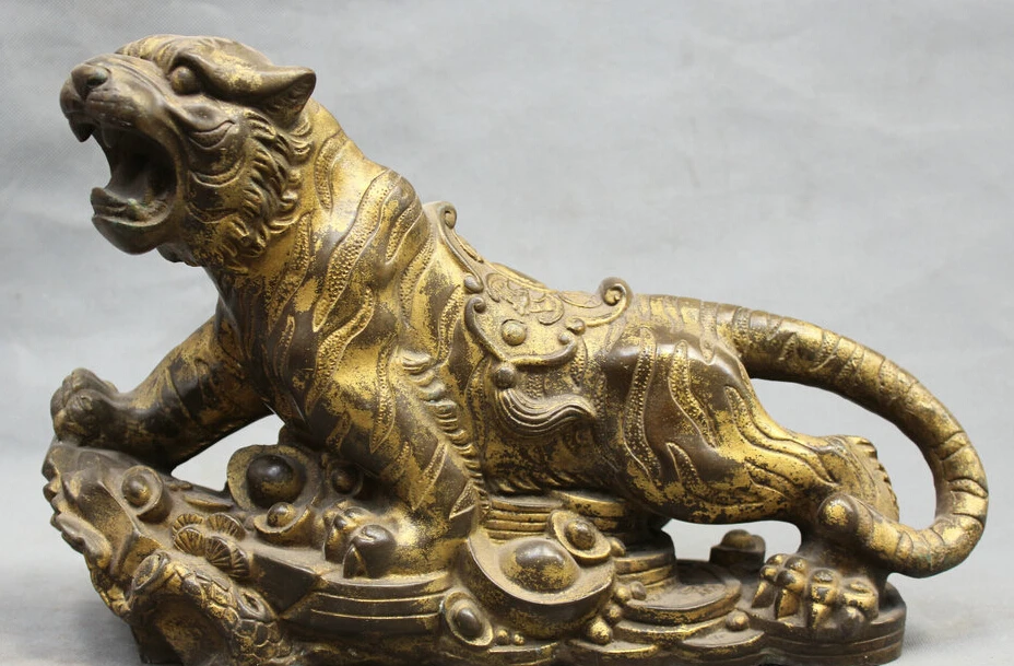 

13" Chinese Bronze Zodiac Year Tiger money wealth Yuan Bao statue sculpture R0711 (B0413)