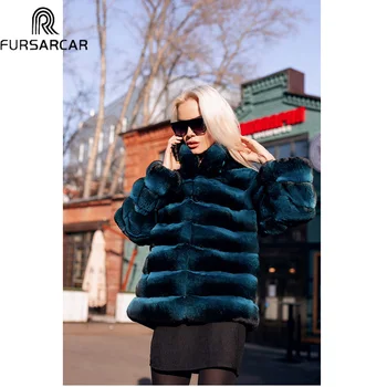 Billige FURSARCAR Frauen Winter Echtpelz Mantel Mit Pelz Kragen Luxus Schlanke Natürliche Casual Rex Kaninchen Pelzmantel Echtpelz Jacke