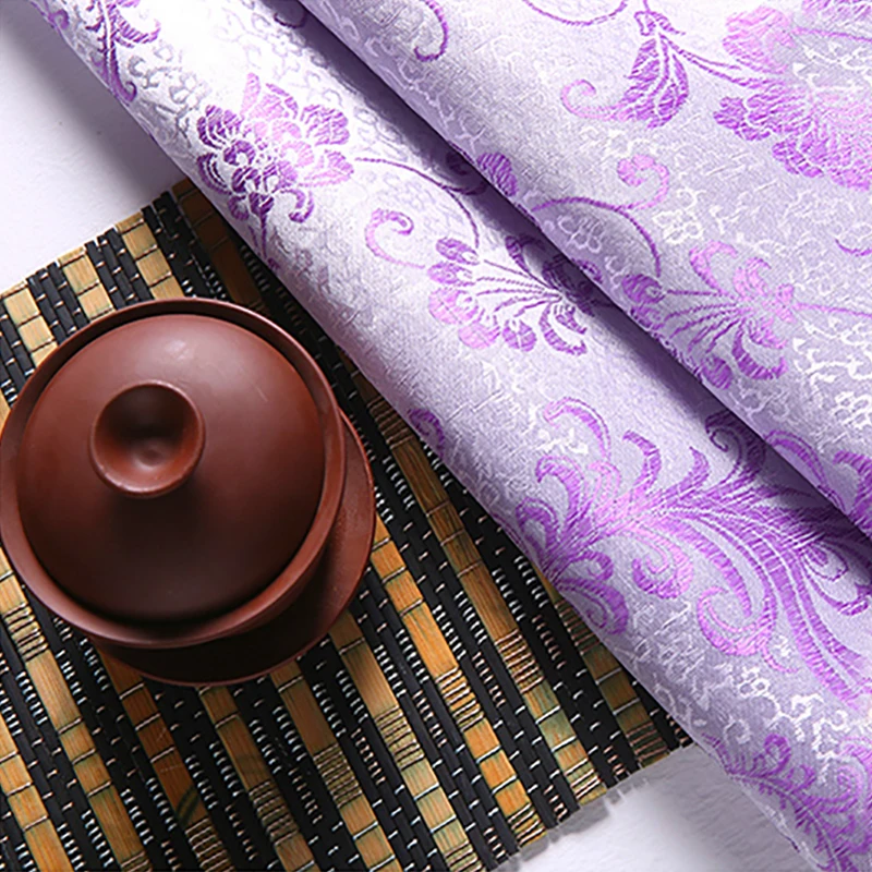 

High quality brocade jacquard polyester white background purple Phoenix Tail fabric for patchwork tissue women dress by 100x90