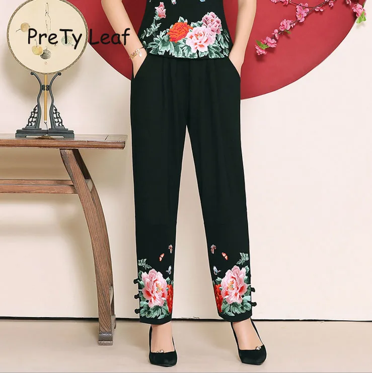 

2019 spring new loose national wind cotton and linen embroidery harem pants