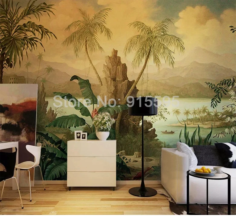 Пользовательские 3D обои Искусство Настенная роспись Европейский стиль ретро пейзаж картина маслом тропический лес банан кокосовое дерево обои