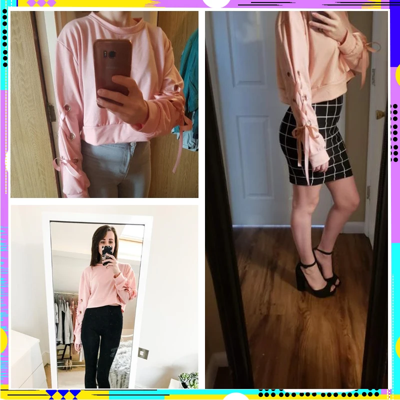 eyelet lace up sleeve crop sweatshirt