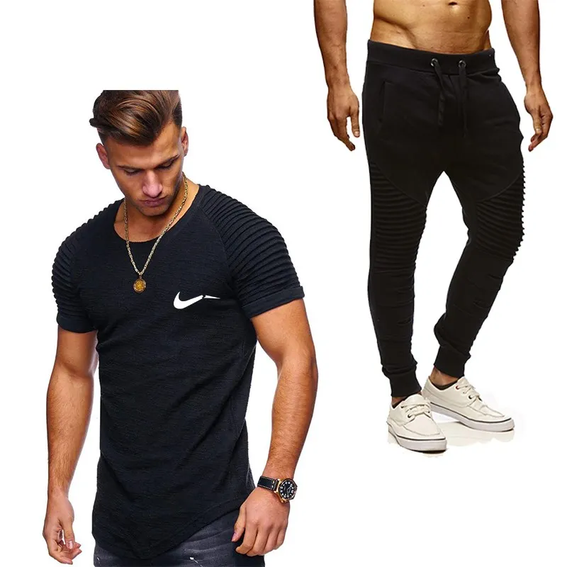 

2019 Summer New Men's Casual T Shirts+Brand pants Two Pieces Sets Tracksuit Male Casual Tshirt Gyms Fitness trousers men