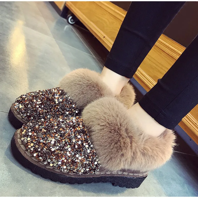 

Winter Women Snow Boots Warm Fur Plush Bling Sequined Cloth Hairy Ankle Boots Female Flat Platform Ladies Sewing Shoes