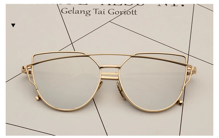Винтаж кошачий глаз Для женщин Марка Дизайнер розовое золото розовые прозрачные линзы солнцезащитные очки twin-лучей металлические светоотражающие очки - Цвет линз: NO.6 Gold Silver