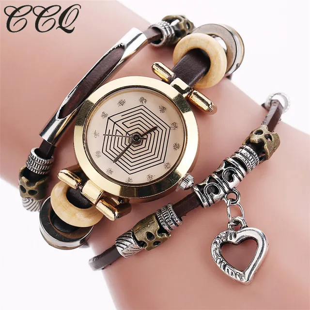 CCQ Fashion Vintage Leather Bracelet Watches Women Casual Love Heart Pendant Wri CCQ Fashion Vintage Leather Bracelet Watches Women Casual Love Heart Pendant Wri